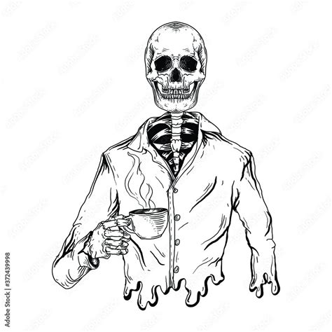 tattoo and t-shirt design black and white hand drawn skeleton drink ...