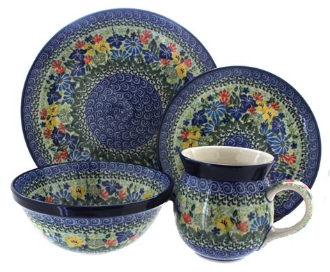 Blue Rose Polish Pottery | Garden Bloom 4 Piece Dinner Set