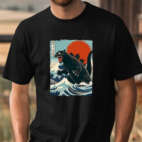 Catzilla Shirt Great Wave Kaiju Cat T Shirt Funny Japanese Cat Tee