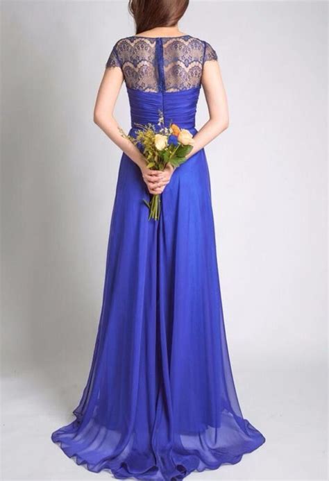 Royal Blue With Cap Sleeves Lace Chiffon A Line Wedding Party Long