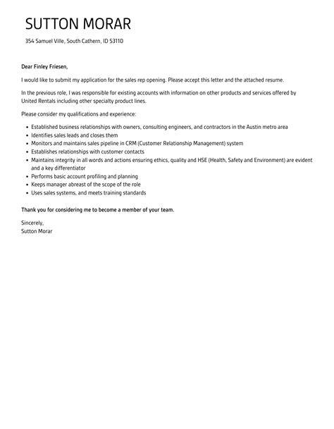 Sales Rep Cover Letter Velvet Jobs