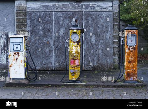 A Row Of Old Rusty Fuel Pumps Stock Photo Alamy