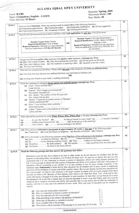 Aiou Old Papers Of Code English For B A Bs