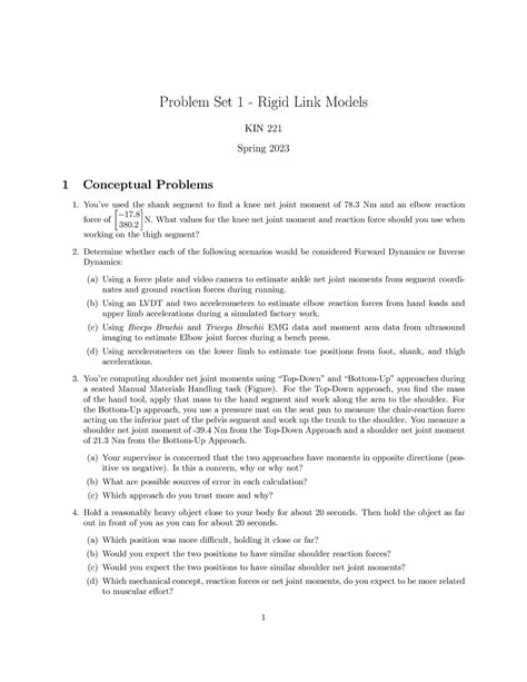 PS1 Rigid Link Models Kin 121 Problem Set 1 Rigid Link Models