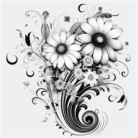 Un Dibujo En Blanco Y Negro De Flores Con Remolinos Y Remolinos Ai