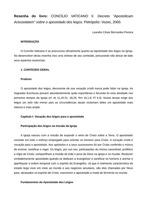 Pdf Resenha Do Livro Conc Lio Vaticano Ii Decreto Apostolicam