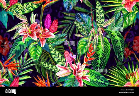 Seamless Tropical Floral Pattern Hand Painted Watercolor Exotic Leaves