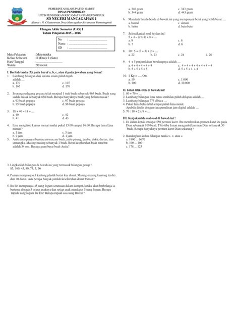 Soal Uas Sd Kelas 2 Semester 1 Matematika Pdf