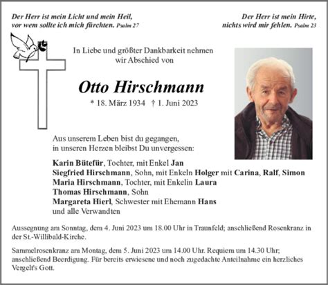 Traueranzeigen Von Otto Hirschmann Mittelbayerische Trauer