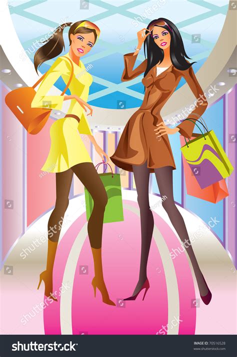 Two Fashion Shopping Girl Bag Mall Stock Vector Royalty Free 70516528