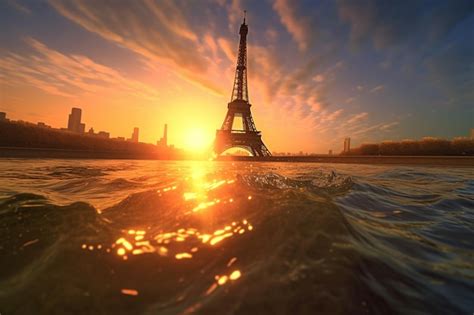 Stunning View Of The Eiffel Tower Surrounded By Water Premium Ai Generated Image