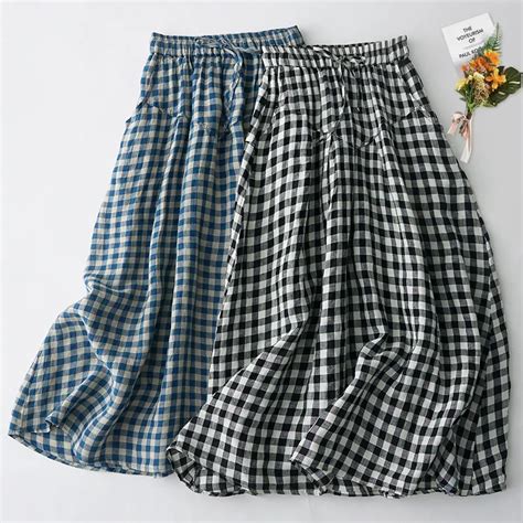 Cotton Linen Plaid Half Skirt Women S Spring And Summer Korean Fashion