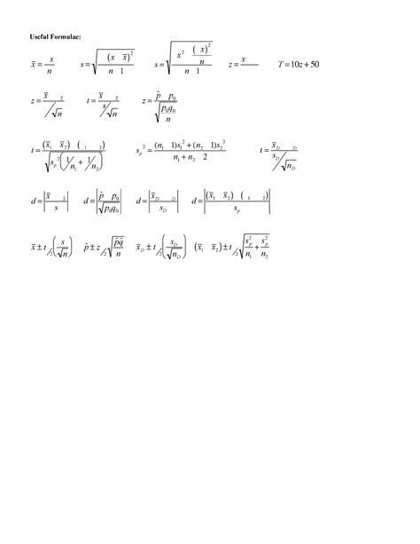 Formula And Tables Useful Formulae X S X N S X X 2 å N 1 S Sx 2 S X 2 N N