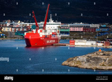 Container Ship Unloading At Nanortalik Port Island Of Qoornoq