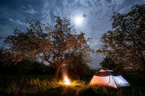 El Acampar De La Noche Tienda Tur Stica Cerca De La Hoguera Debajo De