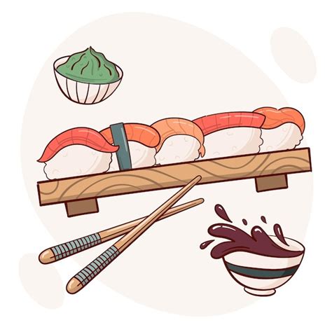 Zeichnen Sie Nigiri Sushi Rollen Vektorillustration Japanische