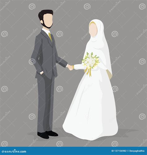 Bride And Groom Islamic Wedding Cartoon Character Stock Vector