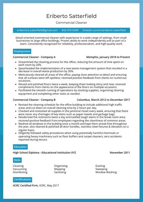 Commercial Cleaner Resume Cv Example And Writing Guide