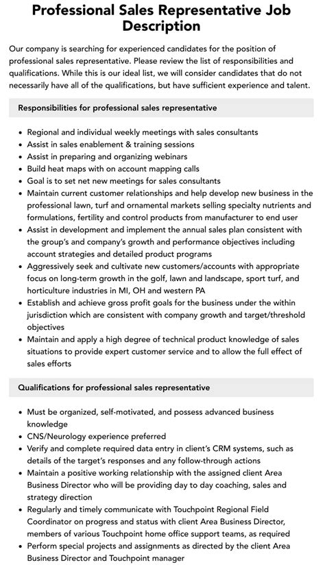 Professional Sales Representative Job Description Velvet Jobs