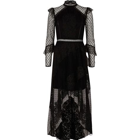 River Island Black Long Sleeve Lace Mesh Maxi Dress Lyst