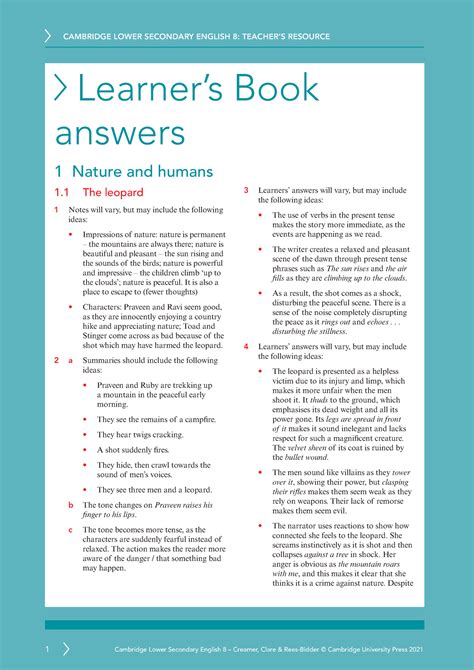 Lb English 8 Answers Cambridge Learner’s Book Answers 1 Nature And Humans 1 The Leopard 1