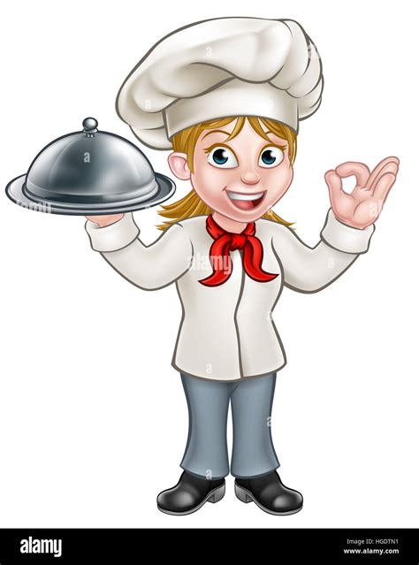 Cartoon Woman Chef Or Baker Holding A Silver Cloche Food Meal Plate Platter And Giving A Perfect