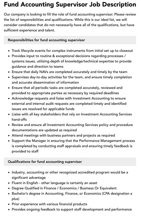 Fund Accounting Supervisor Job Description Velvet Jobs