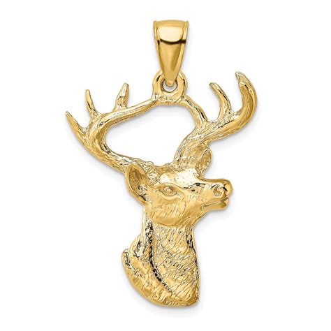 JewelryWeb 14k Gold Deer Head Profile 6 Point Buck 2 D Charm Pendant