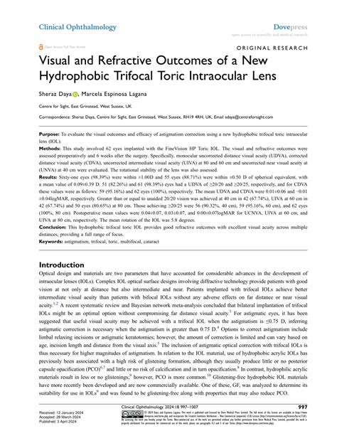 Pdf Visual And Refractive Outcomes Of A New Hydrophobic Trifocal Toric Intraocular Lens