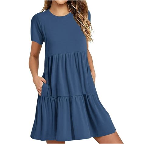 Erwazi Summer Flowy Dresses For Women Short Sleeve Crewneck Swing Mini