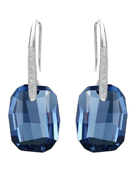 925 Sterling Silver Cz Rectangle Hook Drop Earrings Made With Swarovski Crystals Denim Blue