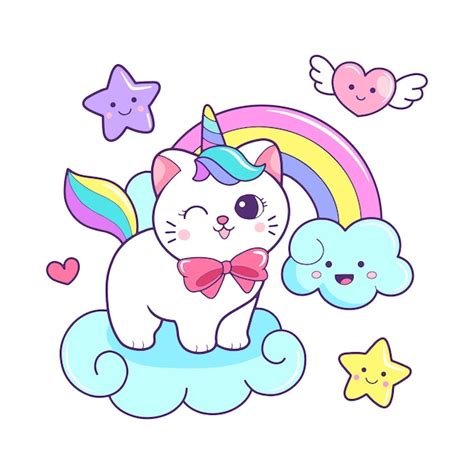 Schattige Kat Eenhoorn En Regenboog Cartoon Vectorillustratie Premium