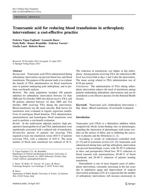 Pdf Tranexamic Acid For Reducing Blood Transfusions In Arthroplasty