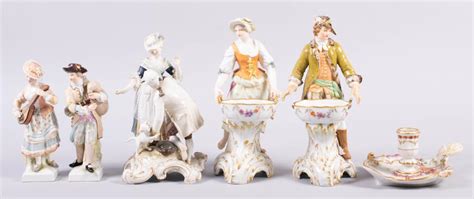 Lot - GROUP OF FIVE KPM PORCELAIN FIGURINES AND A KPM PORCELAIN CHAMBERSTICK