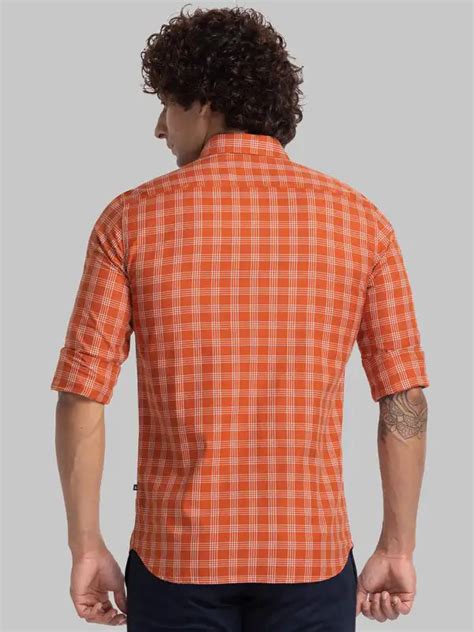 Men Orange Slim Fit Checks Cotton Full Sleeve Shirts Myraymond