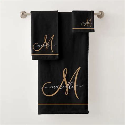 Elegant Monogram Black Gold Script Name Bath Towel Set Zazzle