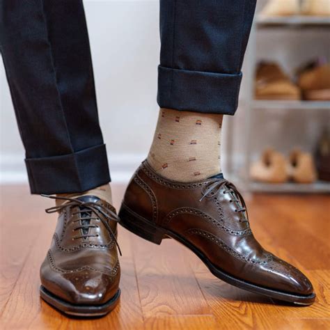 Khaki Merino Wool Mid Calf Dress Socks With Colorful Patterns