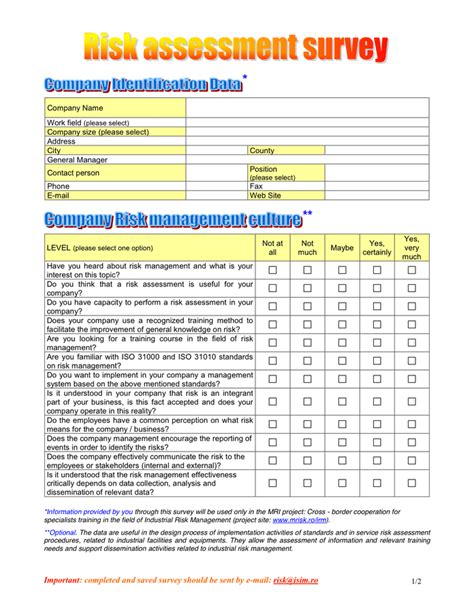 Risk Assessment Survey Sample In Word And Pdf Formats