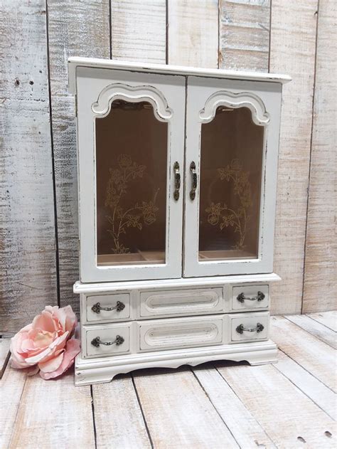 Large Vintage Jewelry Armoire Painted Antique White And Distressed