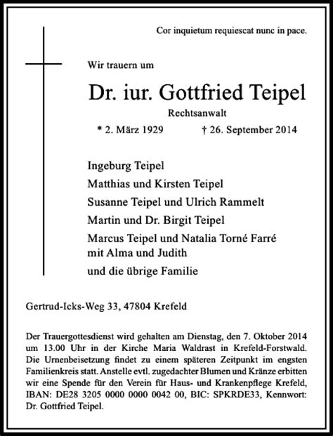 Alle Traueranzeigen für Dr iur Gottfried Teipel trauer rp online de