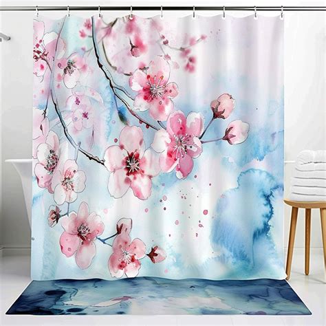 Watercolor Cherry Blossom Shower Curtain Japanese Style Bathroom Decor