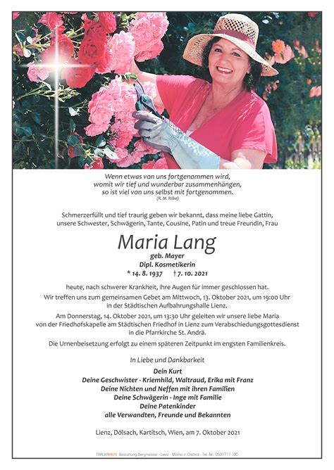 Todesanzeige Maria Lang Trauer Link