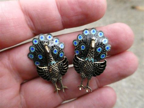 Vintage Siam Sterling Silver Articulated Enameled Peacock Clip Earrings C5 4594387741