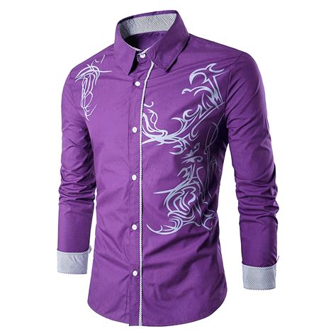 Mens Spring And Autumn Long Sleeve Dragon Print Slim Fit Shirt Turn