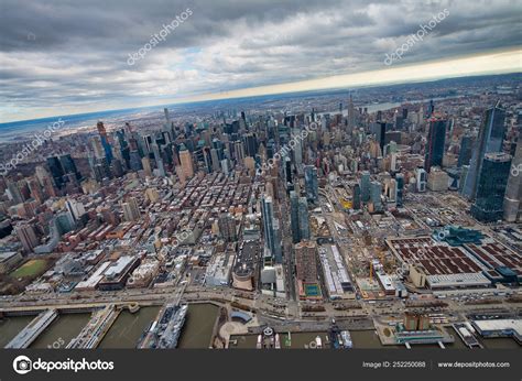 Wide Angle Aerial View Of Midtown Manhattan From Helicopter New