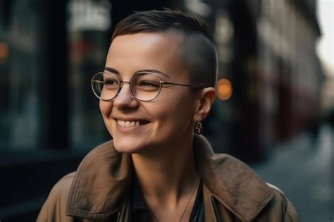 Premium Ai Image Woman With Shaved Head Looking Away And Smiling