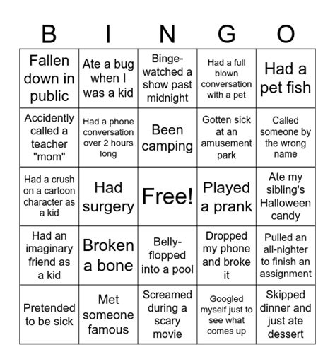 Never Have I Ever Bingo Card