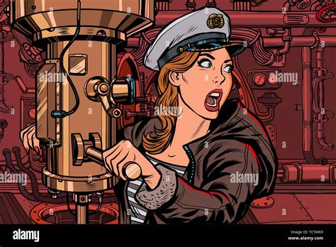 Submarine A Woman Captain Battle Alert Pop Art Retro Vector