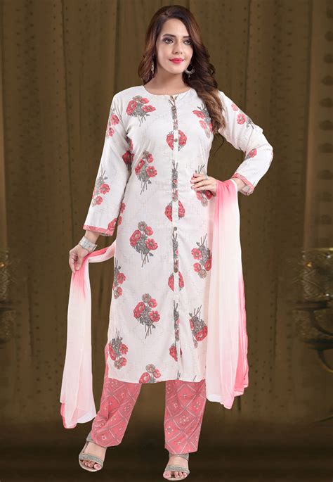 Off White Rayon Readymade Kameez With Pant