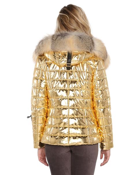 Metalic Gold Puffer Woman Jacket With Real Fur Selite Collection Is